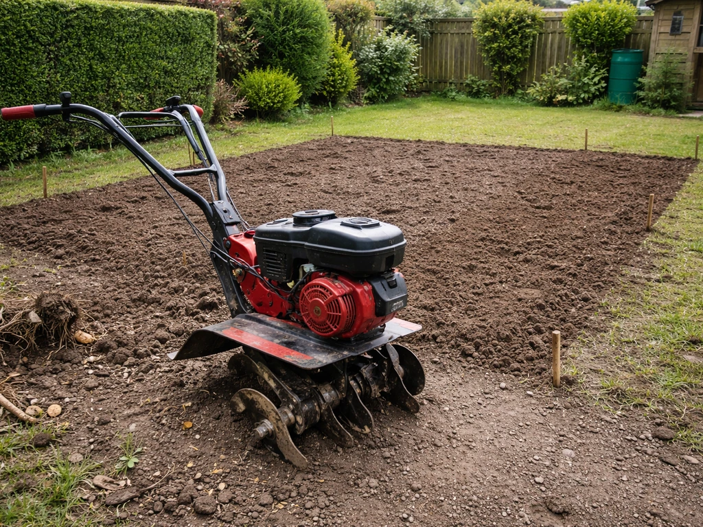 Tuinfrees in de tuin, rondom het perceel markeerpennetjes en klaar gemaakte grond met stenen en wortelresten.