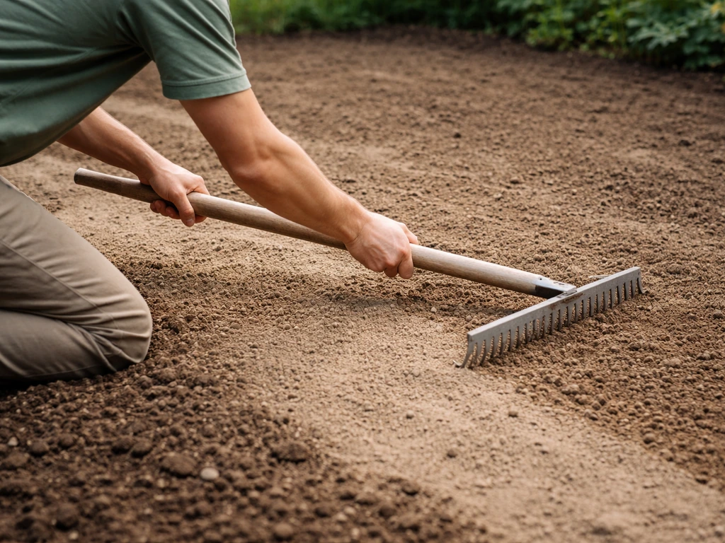 Tuinman harkt een egaal grondbed en verdeelt een mengsel voor zaaien of zoden