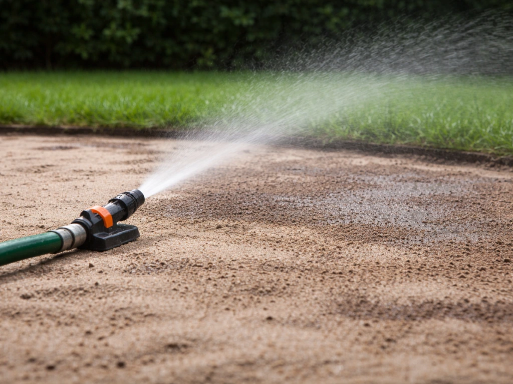 Tuinsproeier die gelijkmatig water over zand in een gazon verspreidt, zonder plassen.