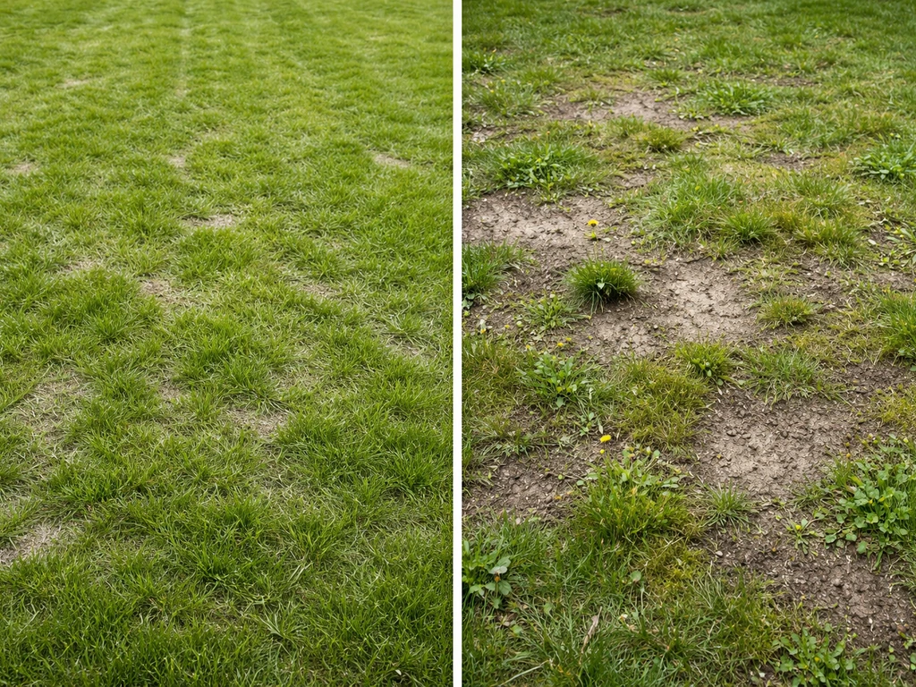 Links licht verdicht gazon met zand, rechts mos en kale plekken dat vraagt om renoveren