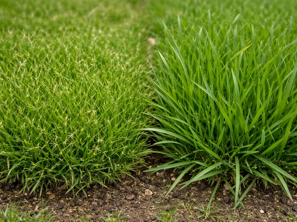 Vergelijkende close-up van twee soorten gazongras naast elkaar, met focus op blad- en polopbouw.