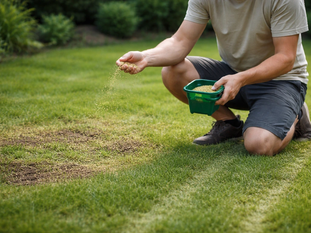 Iemand strooit handmatig zaad in een gazon waar straatgras wordt doorzaaid met nieuwe graszaden