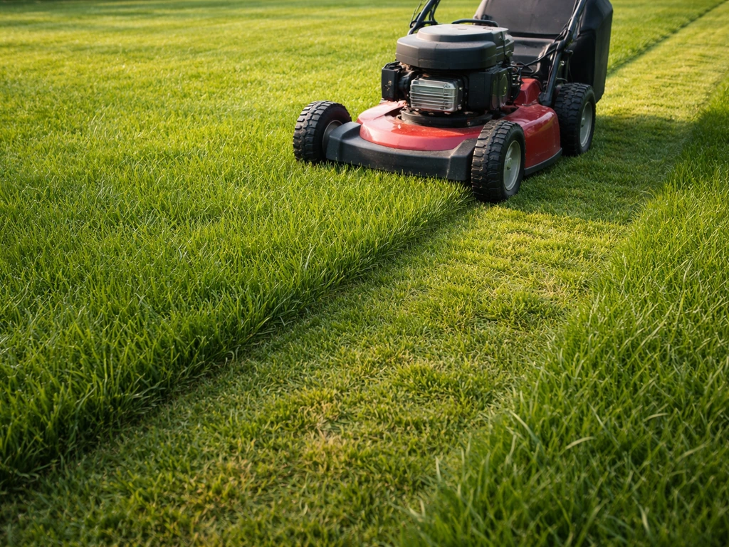 Grof gemaaid, dicht gazon met grasmaaier op hogere maaihoogte van ongeveer 5 cm
