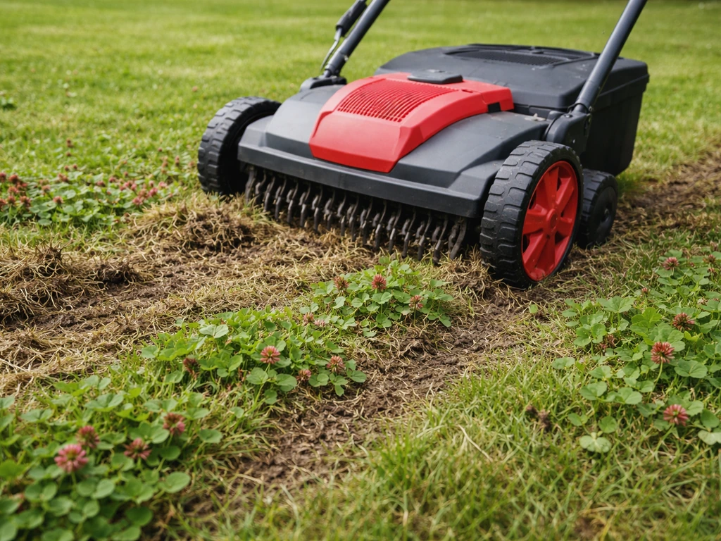 Elektrische verticuteerder werkt in een gazon met zichtbare viltlaag en rode klaverplekken.