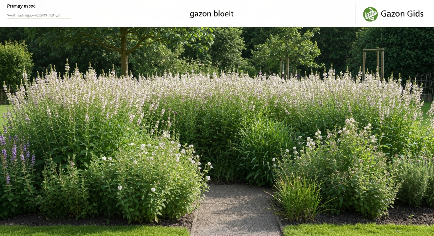 Bloeiend gazon in een Nederlandse achtertuin met madeliefjes en klaver, smal gemaaid pad en houten bank op de achtergrond