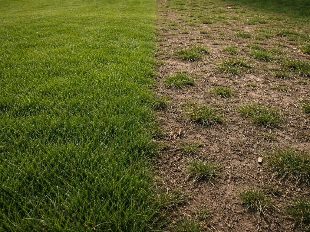 Twee naast elkaar liggende gazons: links fris groen, rechts veel kale en matte plekken.