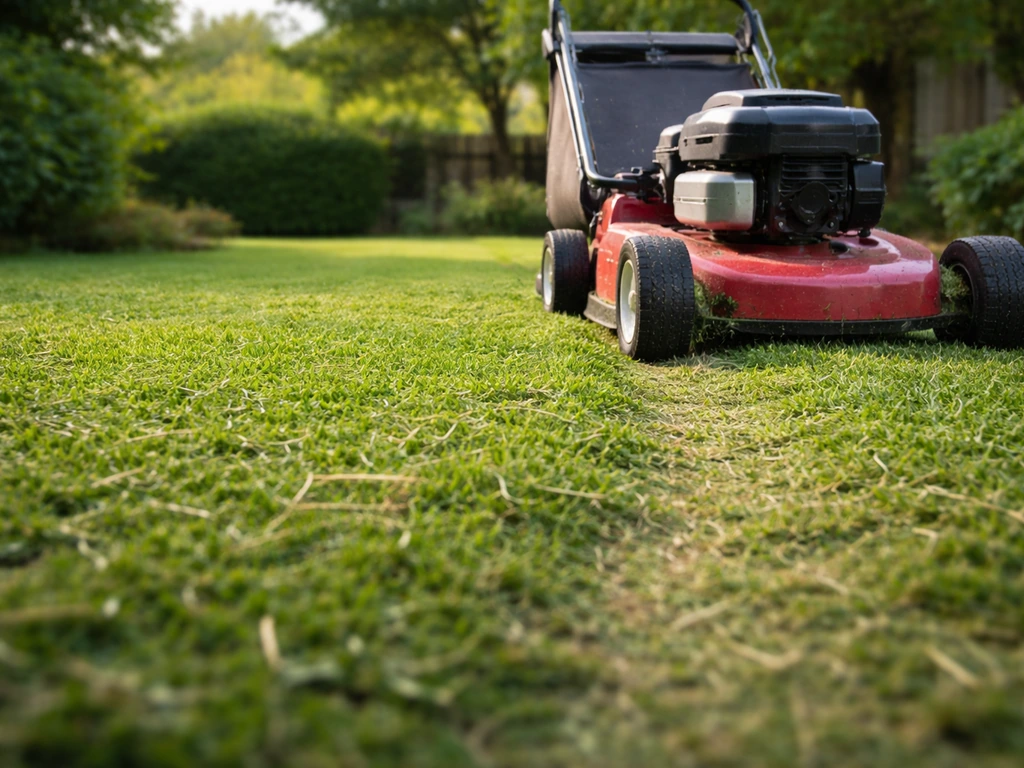 Grasmaaier maait het gras heel kort; maaisel ligt zichtbaar zodat de ondergrond goed te zien is.