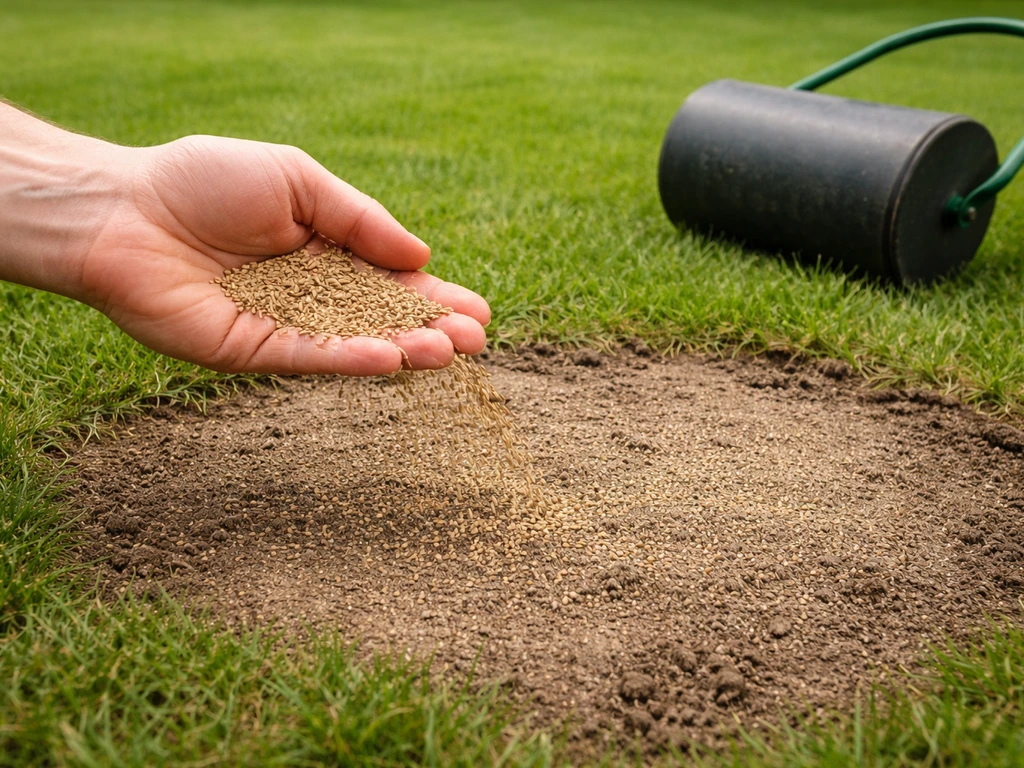 Hand strooit graszaad op kale plekken; lichte harksporen en afdeklaag met tuinrol zichtbaar.
