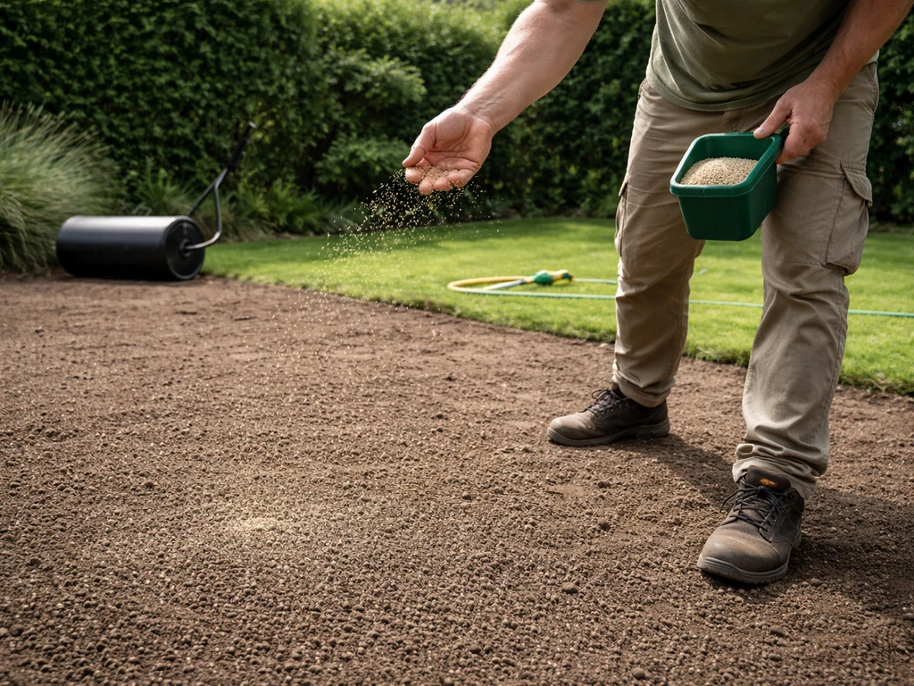 Tuinier strooit graszaad op een pas omgespit gazon; tuinwals en sproeislang klaar op de achtergrond.