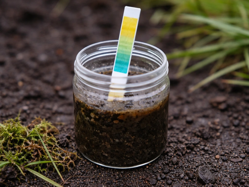 Close-up van een pH-meetstrip in een bodemmonsterpot met mos/grasresten op de achtergrond.