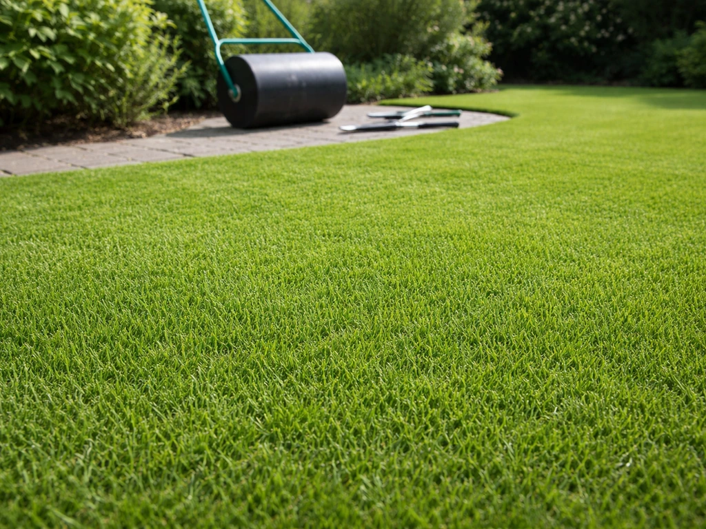 Strak, egaal siergazon met korte maaisnede; op de achtergrond een gazonrol en tuinschaar.