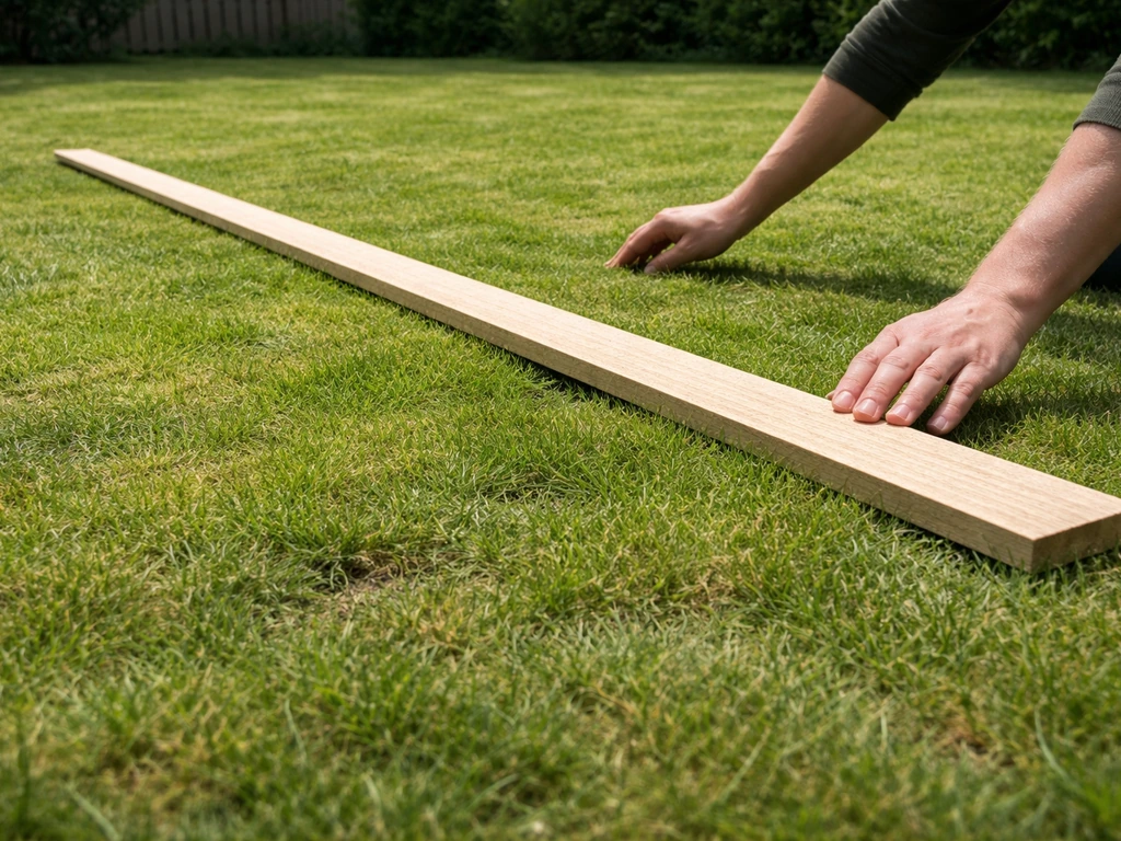 Handen leggen een lange plank recht over een oneffen gazon om hoogteverschillen te meten.