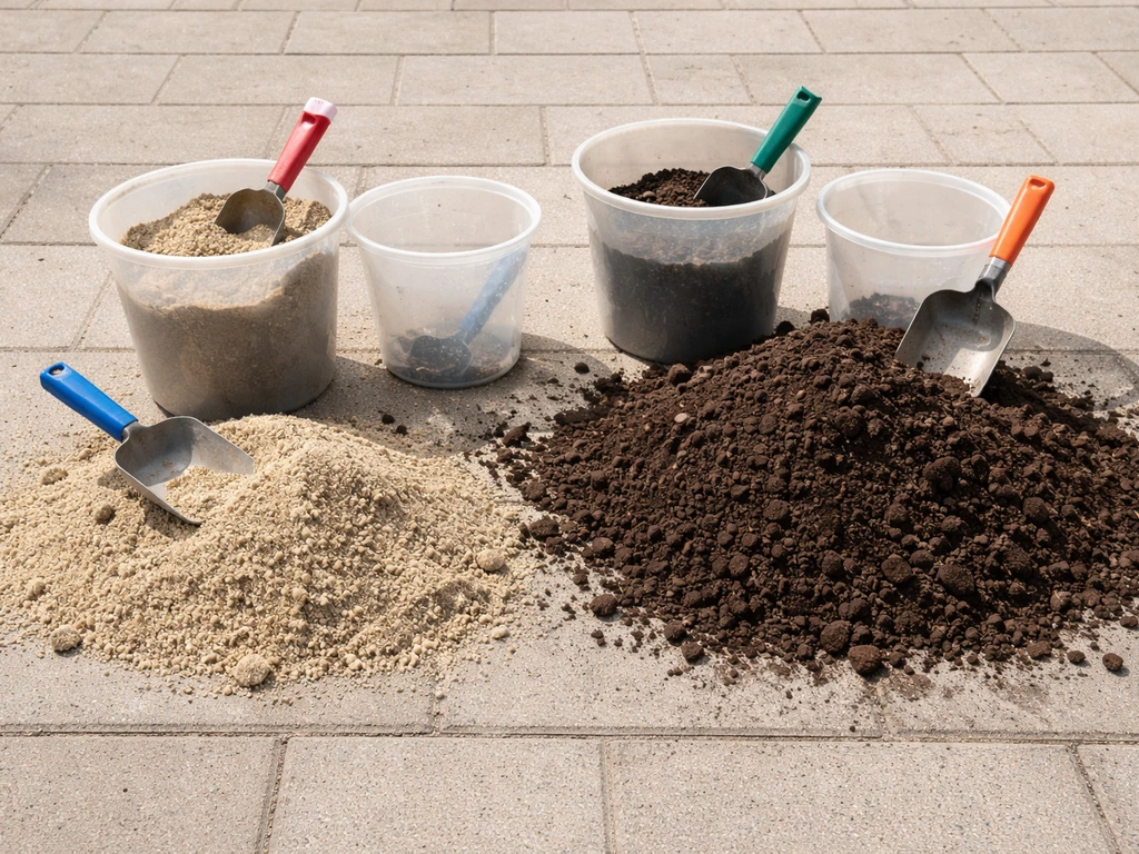 Hoopjes scherp zand en teelaarde/topdressingmengsel in emmers op een stoep, klaar voor gazon nivelleren.