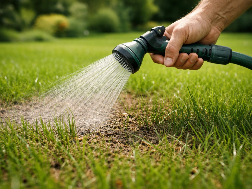 Gericht water geven met tuinslang op pas aangebrachte topdressing, licht ingezoemd gazon zichtbaar.