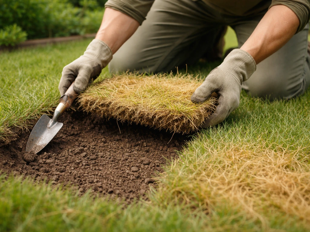 Tuinier neemt voorzichtig een gele zode los en bekijkt de grond naast het gras in de tuin.