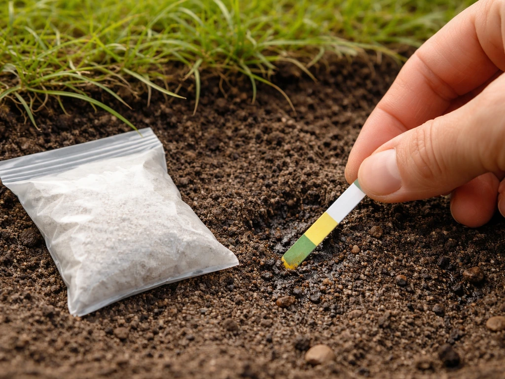 Close-up van tuinbodem met pH-teststrip in de grond en een klein zakje kalk ernaast.