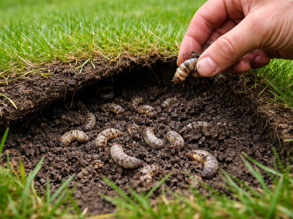 Tuinier bekijkt een grondmonster met zichtbare emelten/engerlingen onder loskomende zode