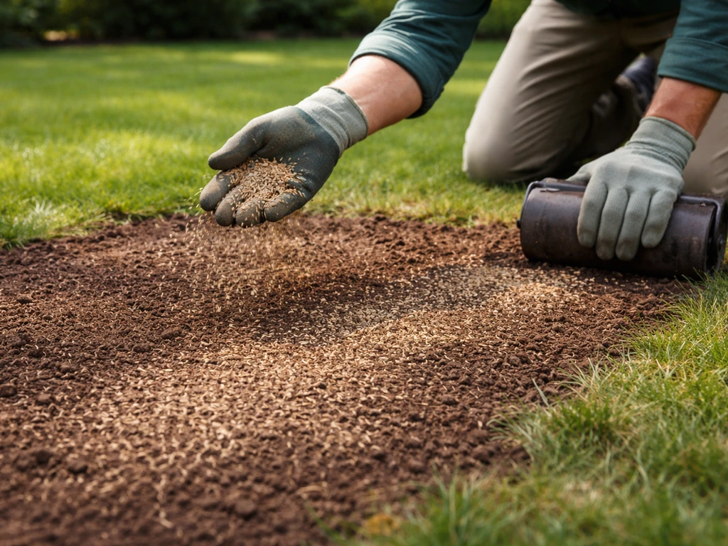 Anonieme tuinier strooit gazonzaad op een kaal stuk gazon en drukt het licht aan in de tuin.