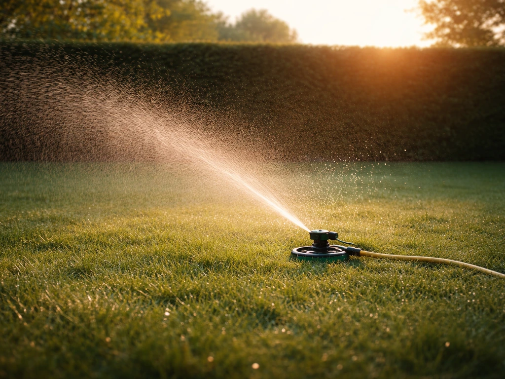 Vroege ochtend: tuinsproeier op gazon met dauwdruppels en warme opkomende zon.
