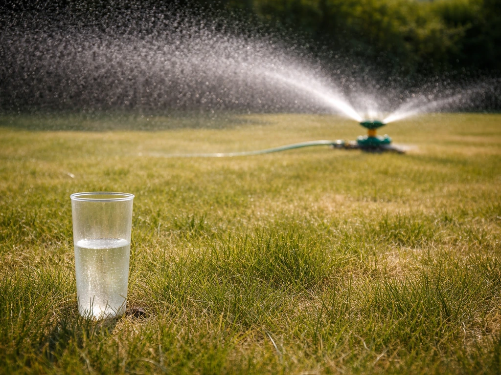 Zonnig, winderig gazon met een draaiende sproeier; water spat en waait uit op het gras