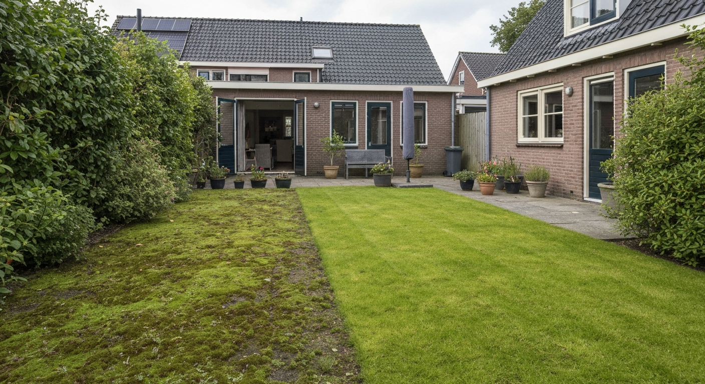 Voor-en-na beeld van een Nederlandse stadstuin: links oud, kaal en mosrijk gazon; rechts dicht, groen en gerenoveerd gazon