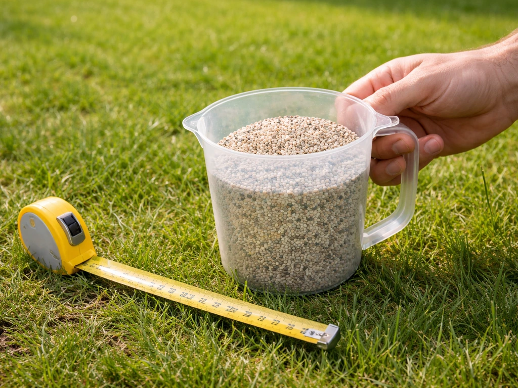 Houder met afgemeten kippenmest en een meterlint op gras als symbool voor dosering per m²