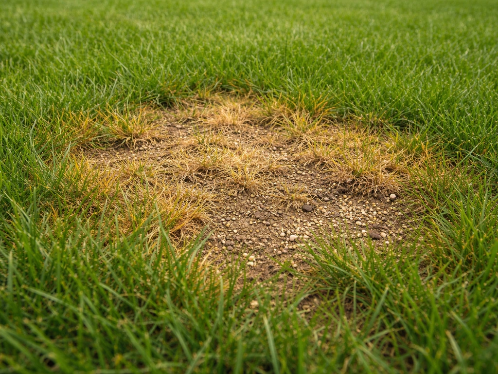 Gele en bruine verbrandingsplekken op een deel van het gazon, met daaromheen gezond groen gras
