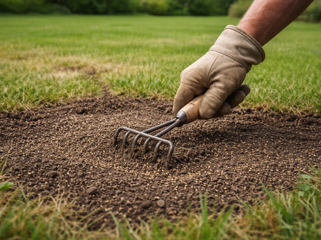 Hand strooit graszaad op een kale plek en egaliseert de grond met een kleine hark.