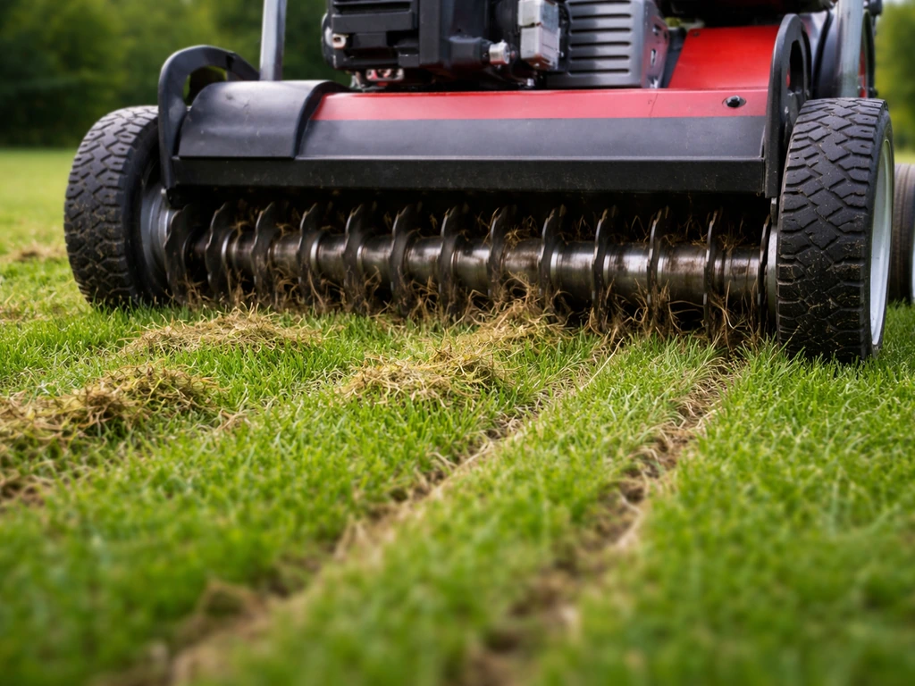 Een verticuteermachine snijdt vilt uit een gazon, zodat de bodem weer bereikbaar wordt voor doorzaaien.