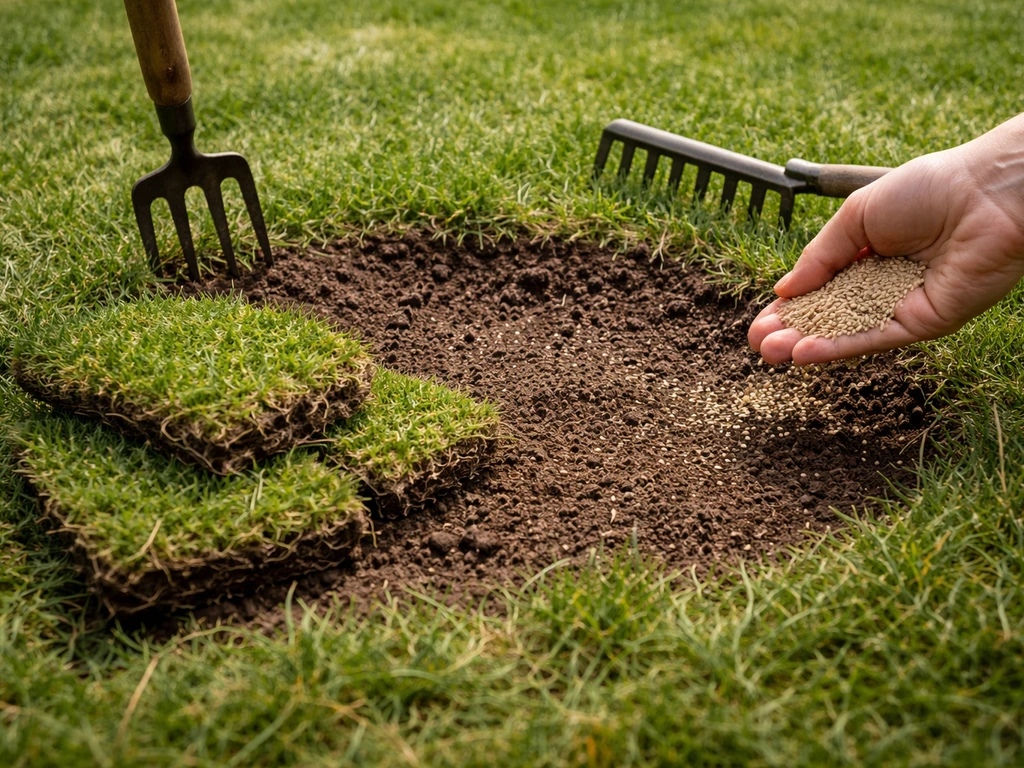 Kale plek in het gras hersteld met losgemaakte grond, nieuwe graszoden en een hand die nazorg voorbereidt.