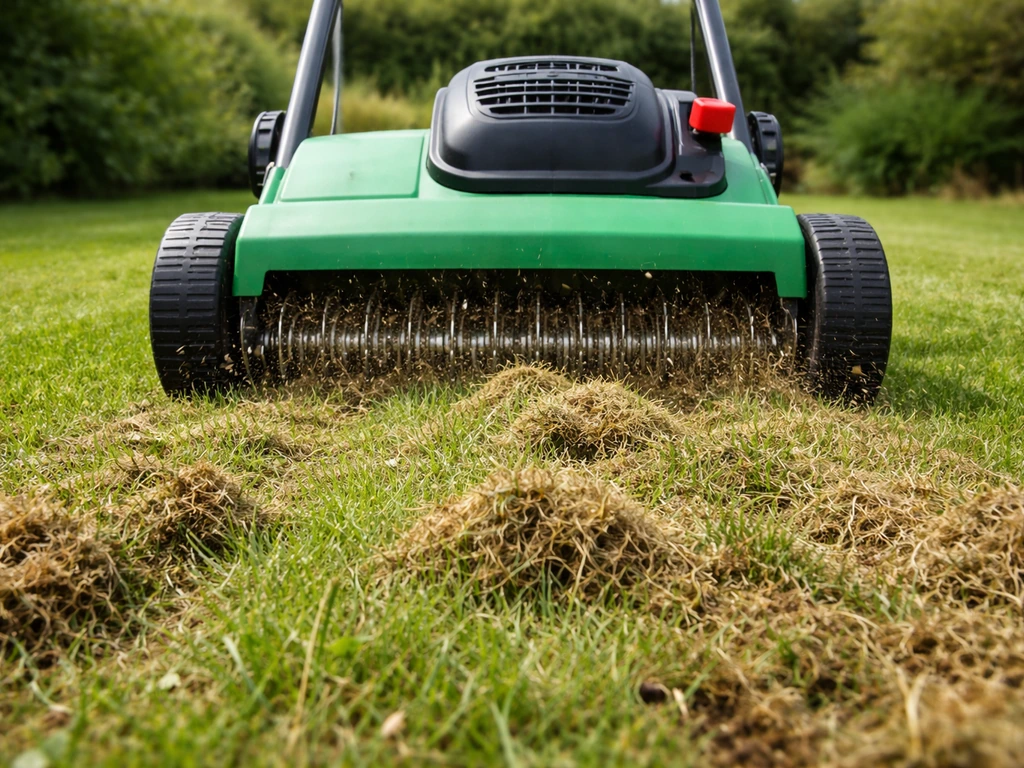 Verticuteermachine die viltlaag uit het gazon licht omhoog trekt, met gras in focus en eenvoudige tuinomgeving.