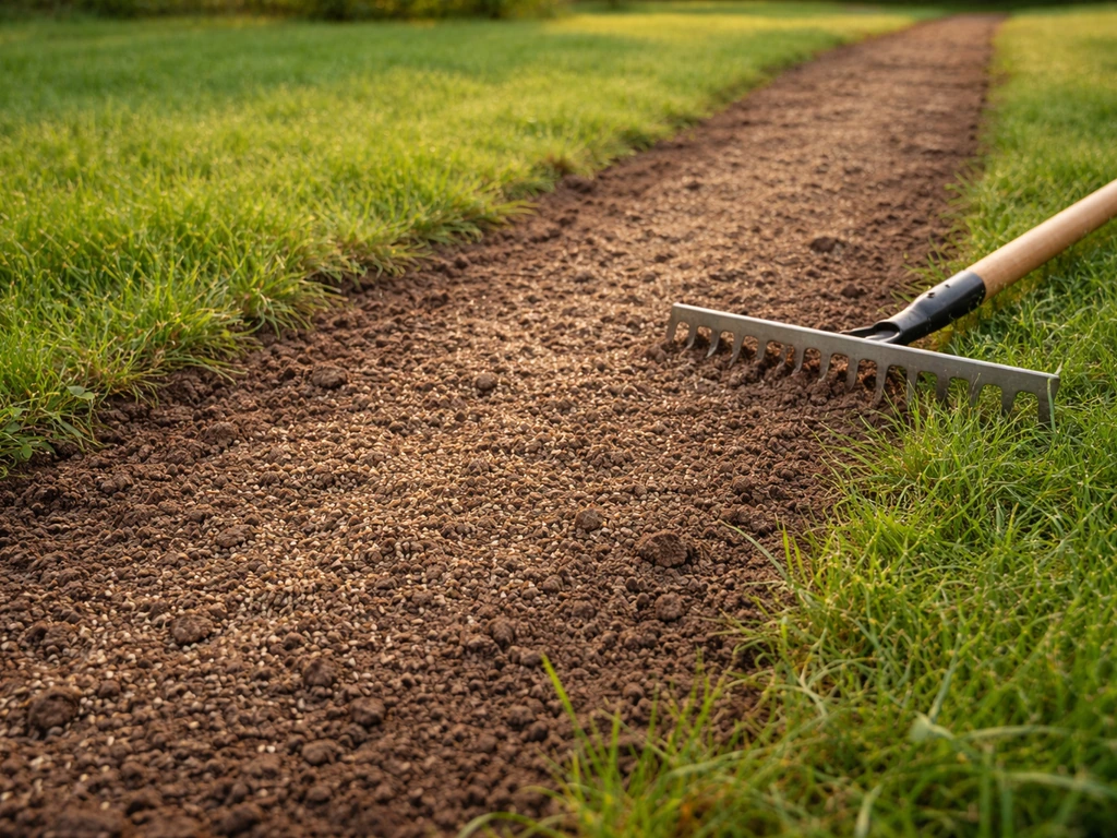 Kale strook in het gazon met vers ingezaaid graszaad, net licht afgeharkt en ingeweekt.