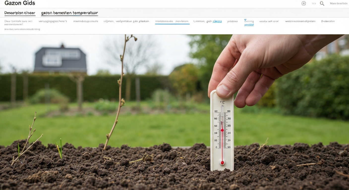 Gazon in lente met bodemthermometer op 5 cm die ongeveer 12 °C aangeeft.