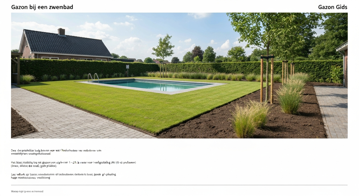 Luchtfoto van een ingegraven zwembad met groen gazon en verhardingsrand, licht aflopend van het zwembad.