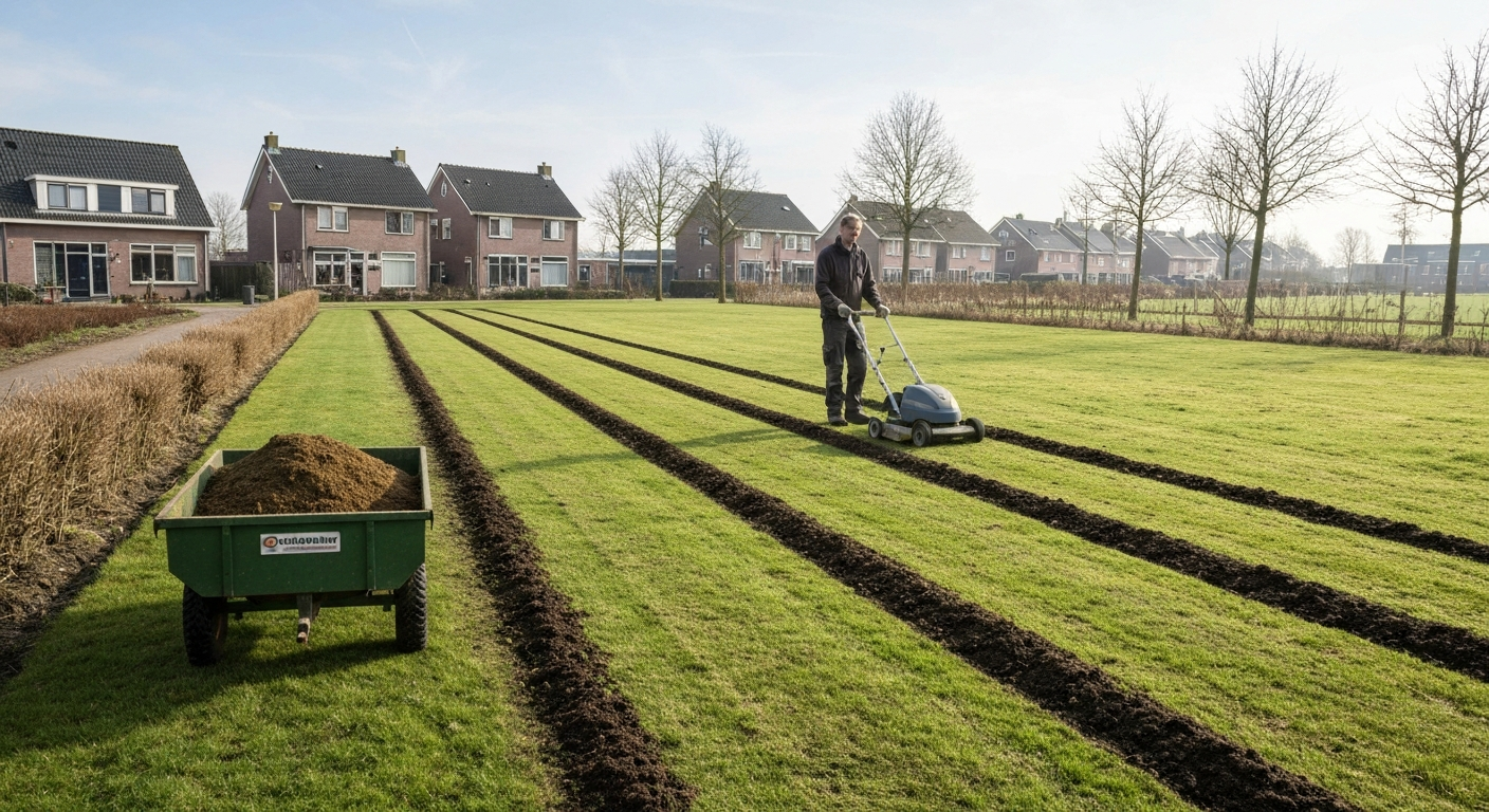 Persoon die met een elektrische verticuteermachine in banen over een Nederlands gazon rijdt; kruiwagen met opgehoopt vilt op de voorgrond, duidelijke stroken waar vilt is verwijderd