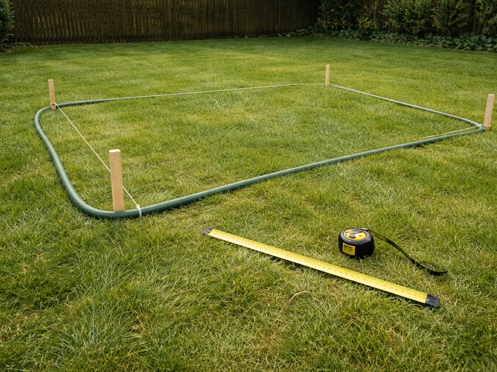 Krijtlijn met tuinslang en meetlint op gras om een af te steken oppervlak in de tuin af te bakenen.