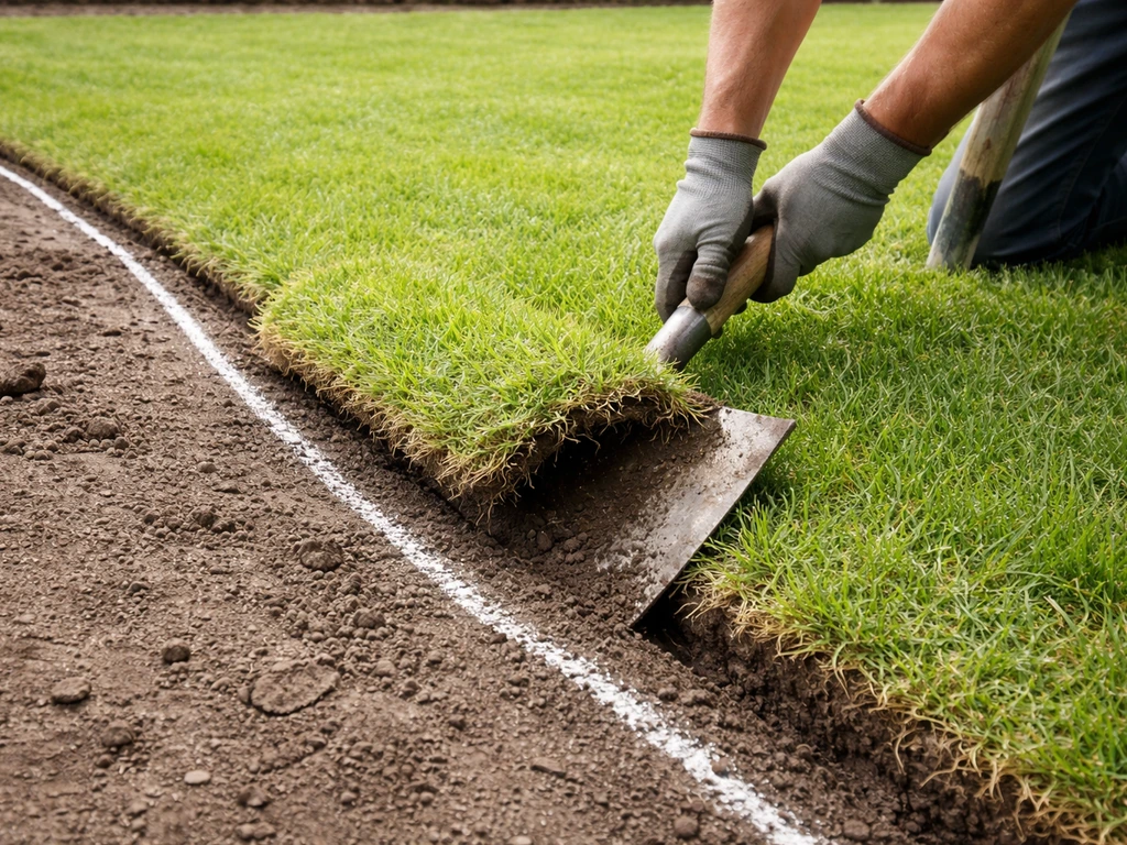 Tuinmanier: eerste strook zoden losgestoken langs gemarkeerde rand, zoden klaar om op te tillen