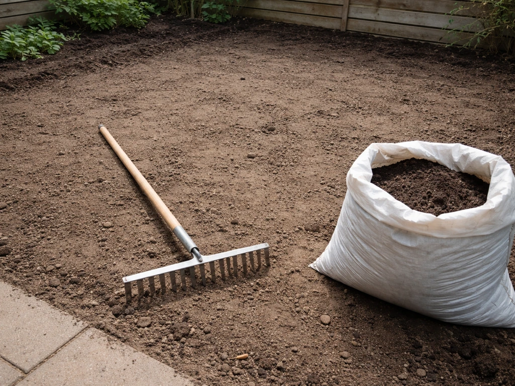 Kale tuinbodem na het verwijderen van zoden, met hark en zak tuingrond klaar om te egaliseren