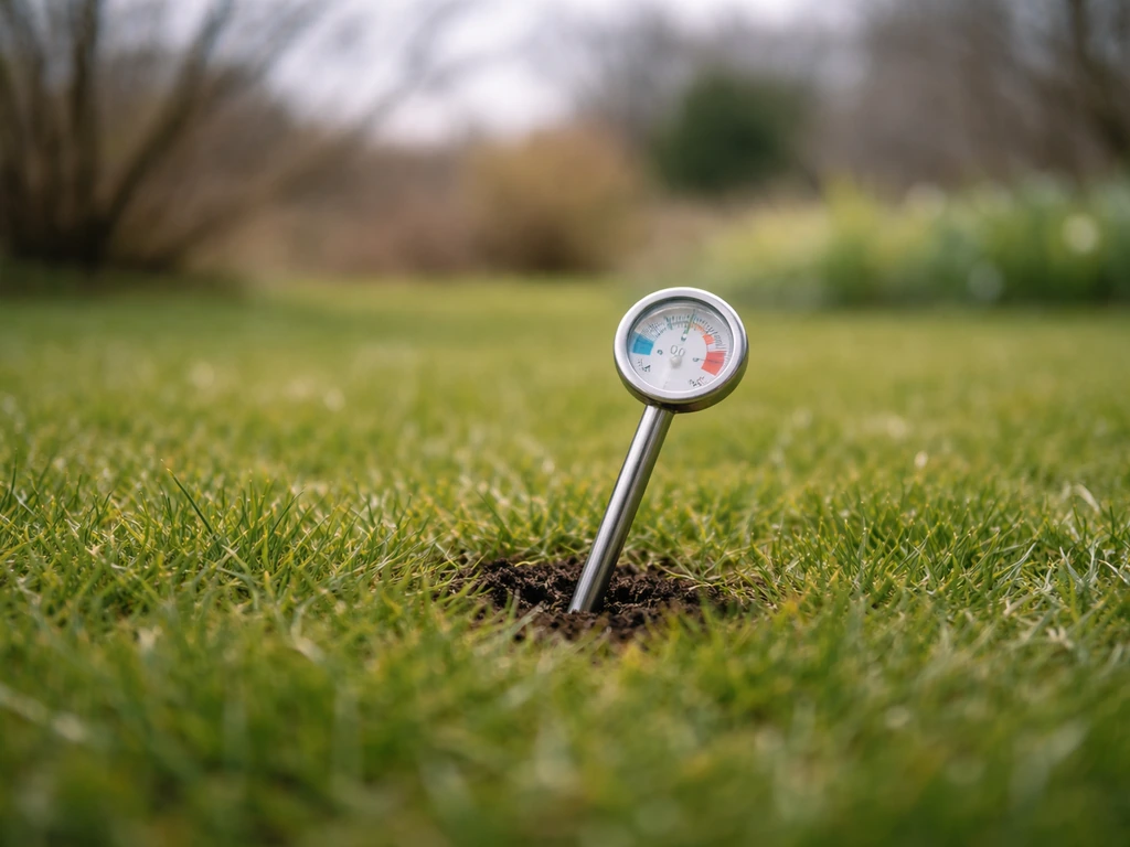 Groen gazon met een bodemthermometer die rond 10°C aangeeft, met februari–maart sfeer in beeld