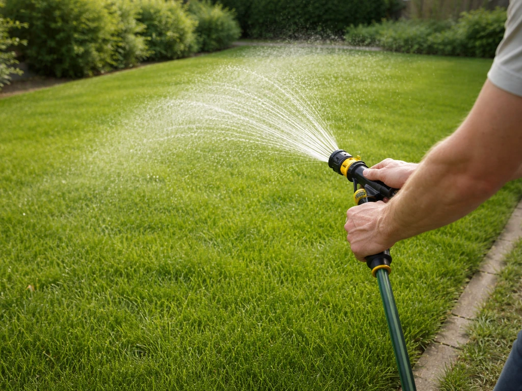 Groen, dicht gazon met besproeiingsslang; iemand beregent licht na bemesting in een rustige tuin