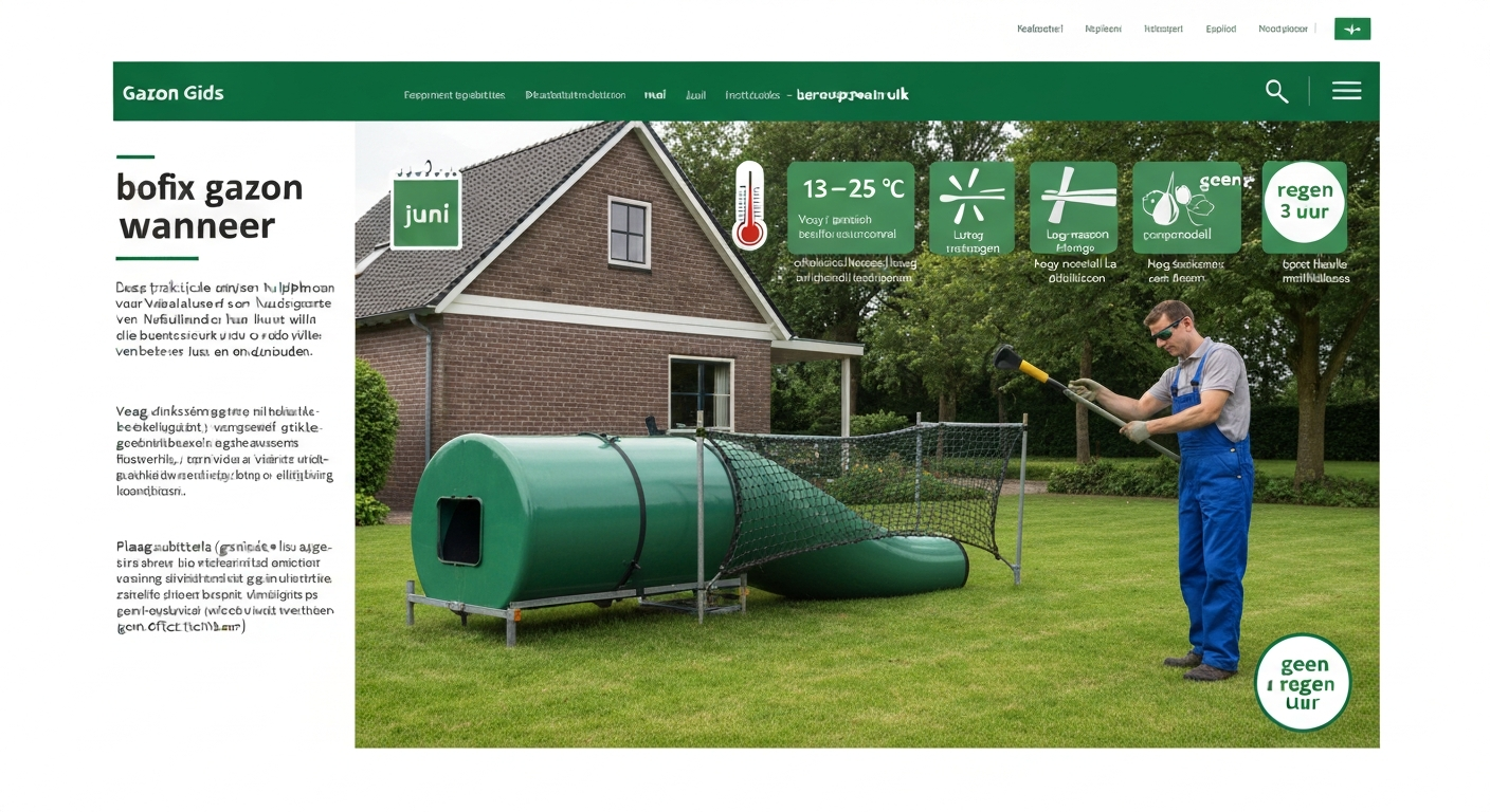 Professionele gebruiker in beschermende kleding spuit Bofix op een Nederlands gazon; kalender toont mei–juni als beste maanden en pictogrammen geven 13–25 °C, weinig wind en geen regen binnen 3 uur aan.