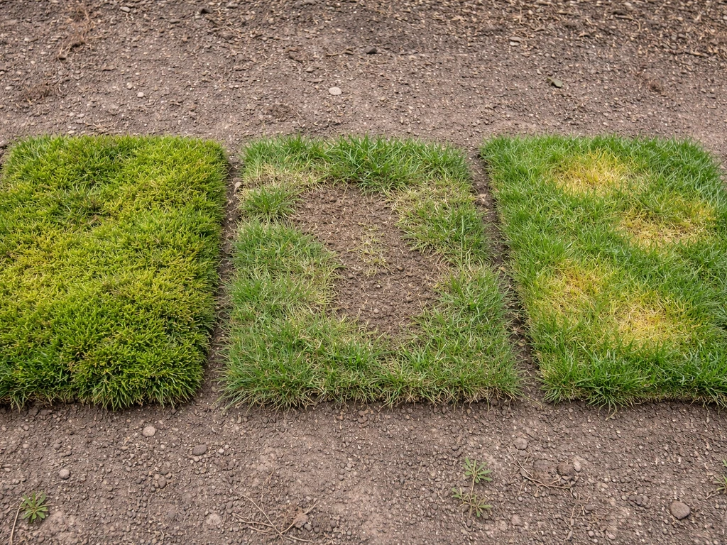 Drie kleine gazonstukjes naast elkaar met mos, kale plekken en gele vlekken in natuurlijk daglicht.