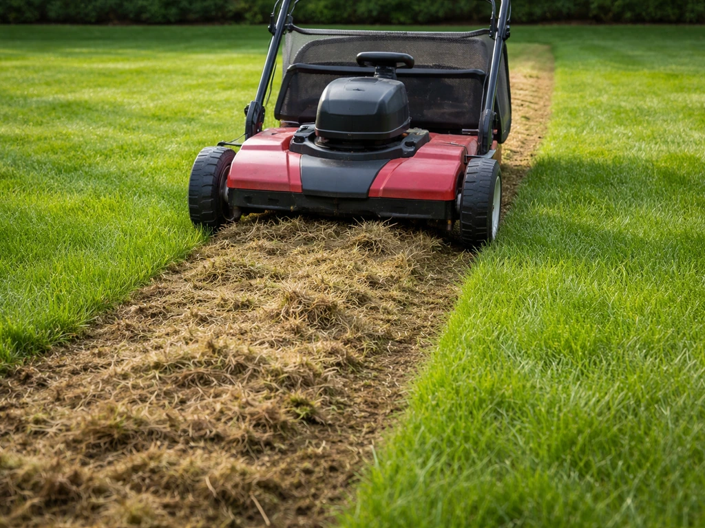 Verticuteermachine die door het gazon gaat, met zichtbare vilt- en sliertaarde-opname achter de werkstrook.