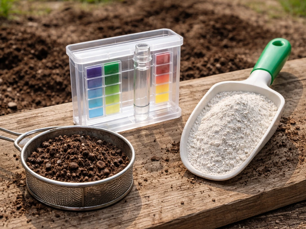 Grondmonster in testkit/zeefje en een kalkstrooier klaar in een minimalistische tuinsetting