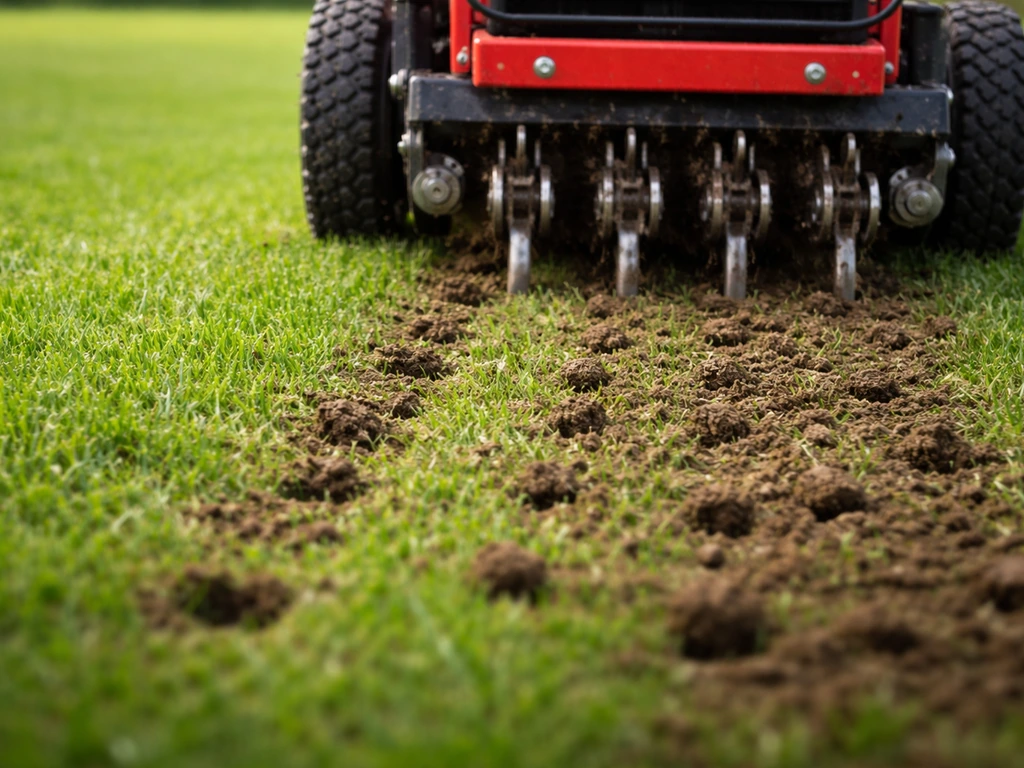 Close-up van gazon ontluchten: ontluchtingsmachine maakt beluchtingsgaatjes in een groen tuin-gazon in Nederland.