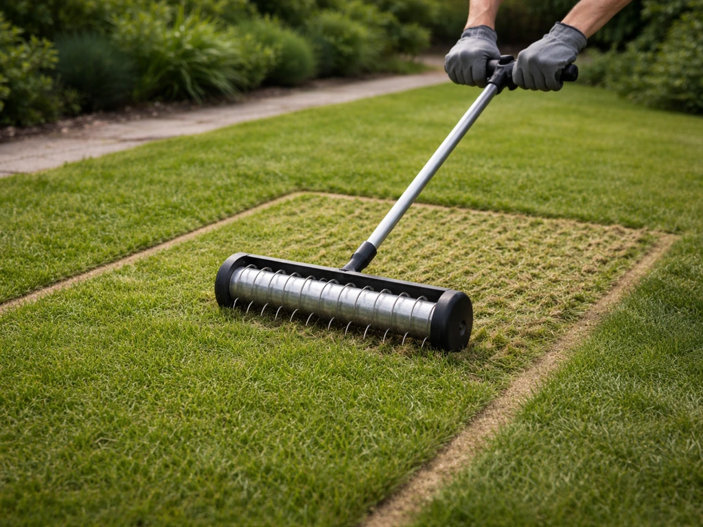 Tuinier ontlucht een dichtgeslagen gazonvak met pennenrol, gras kort gemaaid op ±4 cm.
