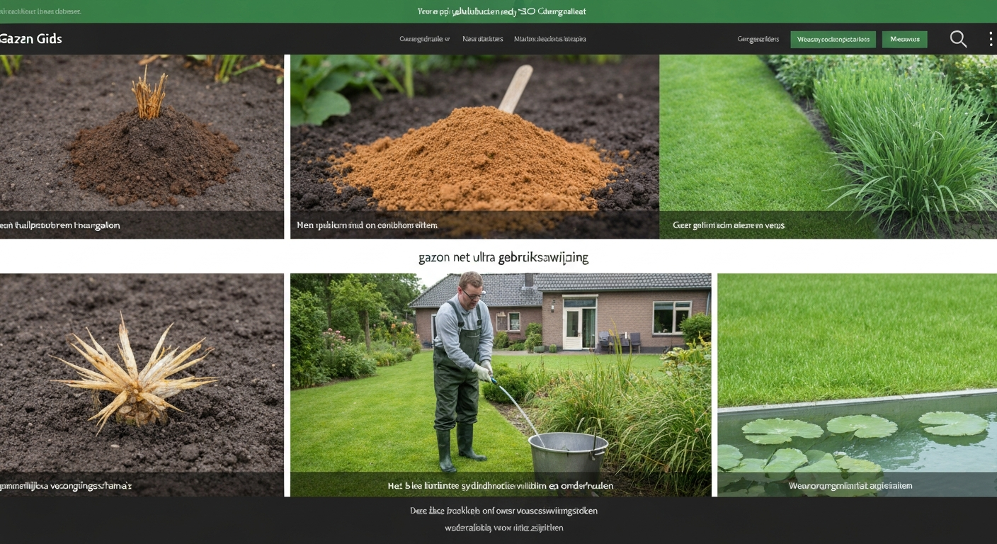 Achtertuin met behandeld en gezond gazon; persoon in beschermende kleding spuit met rugspuit; bufferzonesymbool naar sloot zichtbaar.