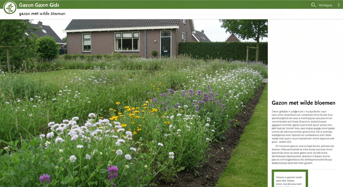 Nederlands gazon met wilde bloemen: madeliefjes en witte klaver tussen gras, met kort gemaaid pad en bloeirand, bijen in vlucht