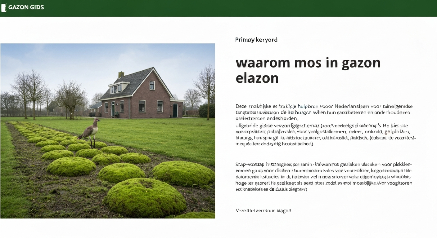 Voorgrond met zichtbare mosvlekken en gezond gras in een Nederlandse tuin, tuingereedschap leunt tegen de schutting; illustratie van mosprobleem in gazon.