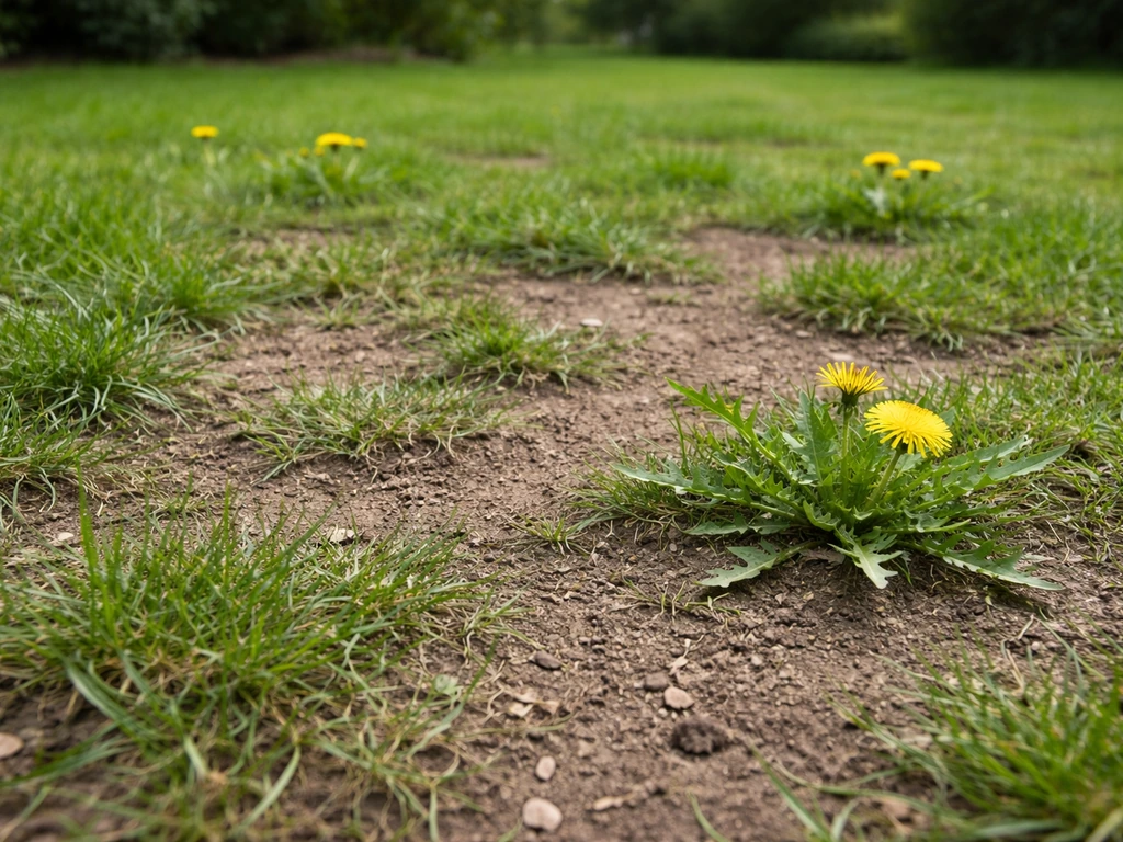 Close-up van zwakke gazonplekken met onkruid, zichtbaar tussen kale stukken gras.